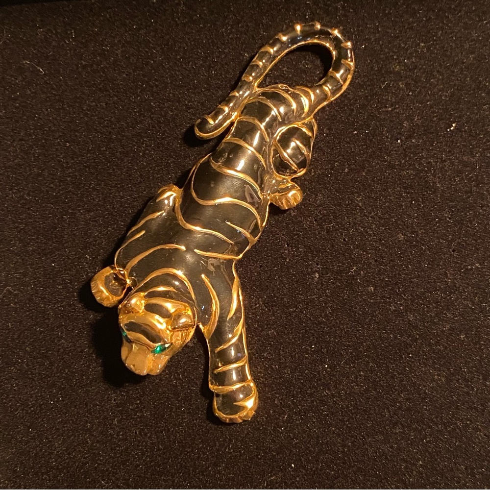 Tiger Enamel Shoulder Brooch Pin 4.5”